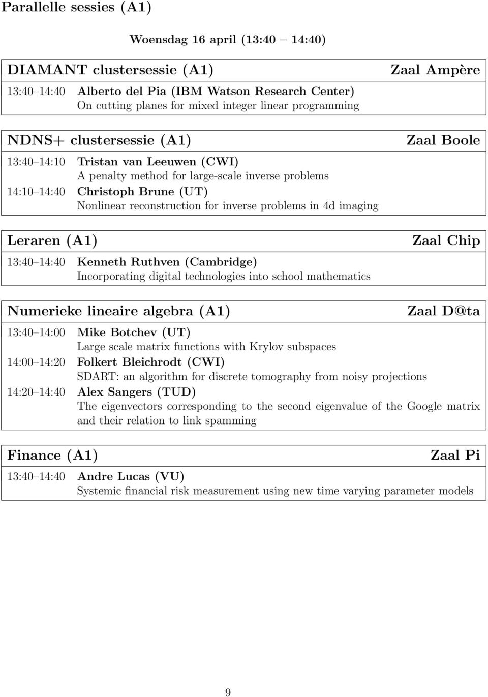 imaging Leraren (A1) 13:40 14:40 Kenneth Ruthven (Cambridge) Incorporating digital technologies into school mathematics Zaal Ampère Zaal Boole Zaal Chip Numerieke lineaire algebra (A1) Zaal D@ta