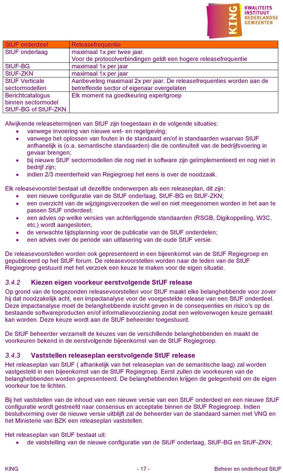 De releasefrequenties worden aan de betreffende sector of eigenaar overgelaten Elk moment na goedkeuring expertgroep Afwijkende releasetermijnen van StUF zijn toegestaan in de volgende situaties: