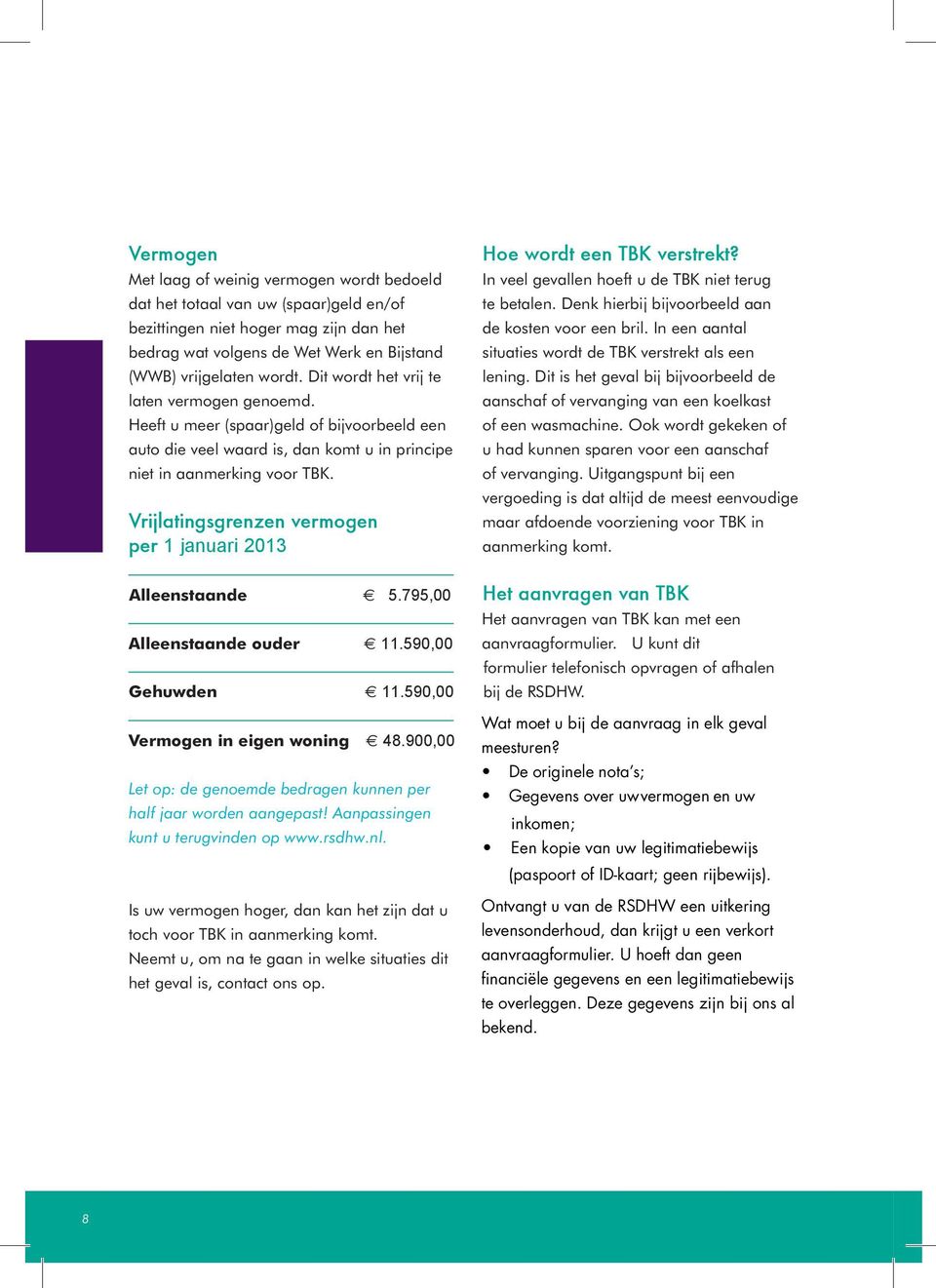 Vrijlatingsgrenzen vermogen per 1 januari 2013 Alleenstaande 5.795,00 Alleenstaande ouder 11.590,00 Gehuwden 11.590,00 Vermogen in eigen woning 48.