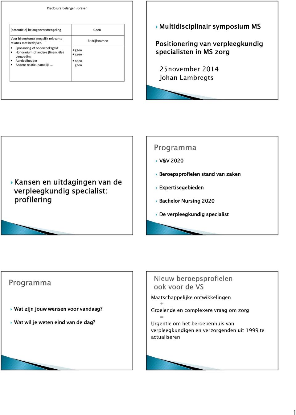 2020 Kansen en uitdagingen van de verpleegkundig specialist: profilering Beroepsprofielen stand van zaken Expertisegebieden Bachelor Nursing 2020 De verpleegkundig specialist Wat zijn jouw wensen