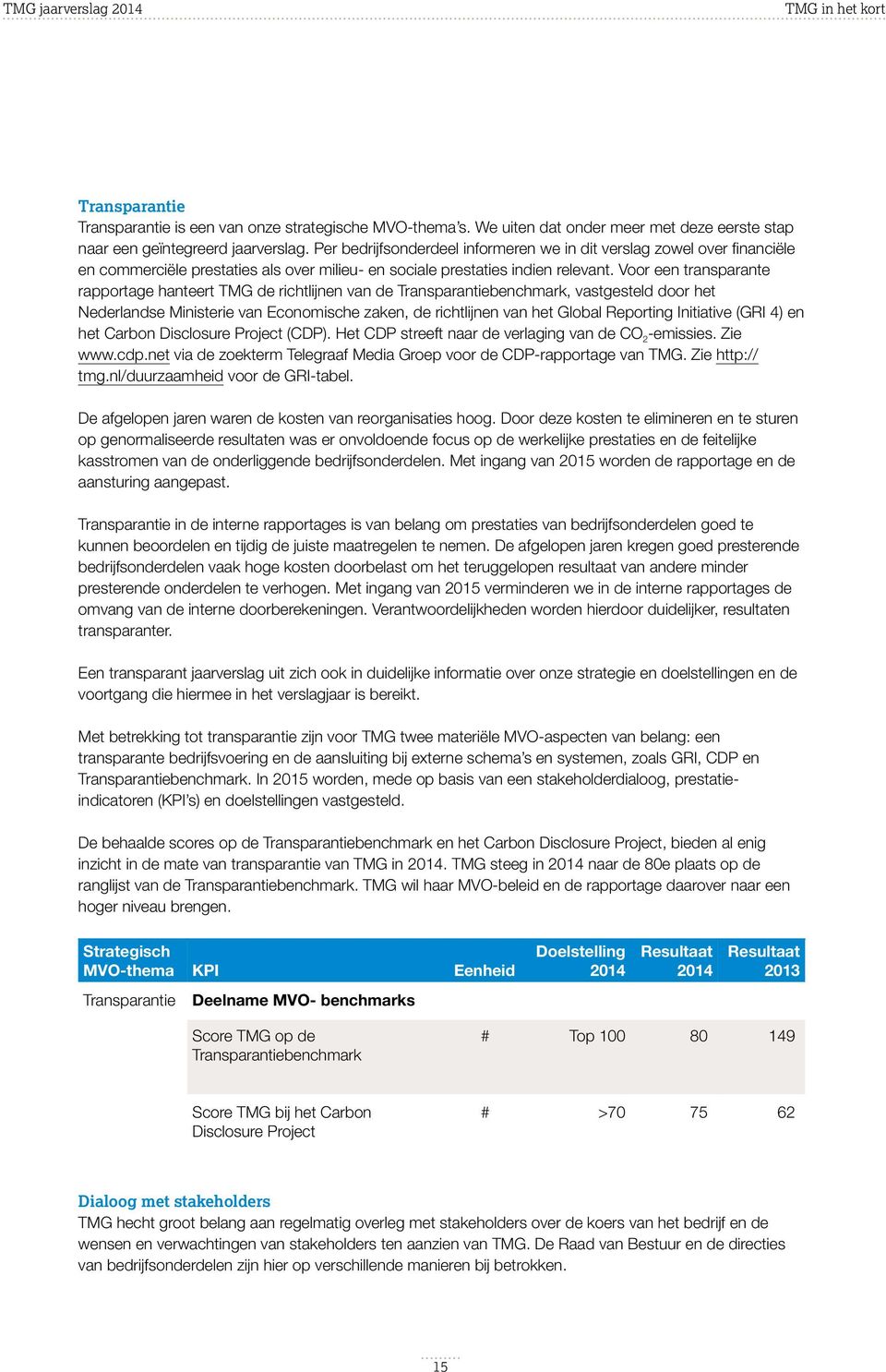 Voor een transparante rapportage hanteert TMG de richtlijnen van de Transparantiebenchmark, vastgesteld door het Nederlandse Ministerie van Economische zaken, de richtlijnen van het Global Reporting