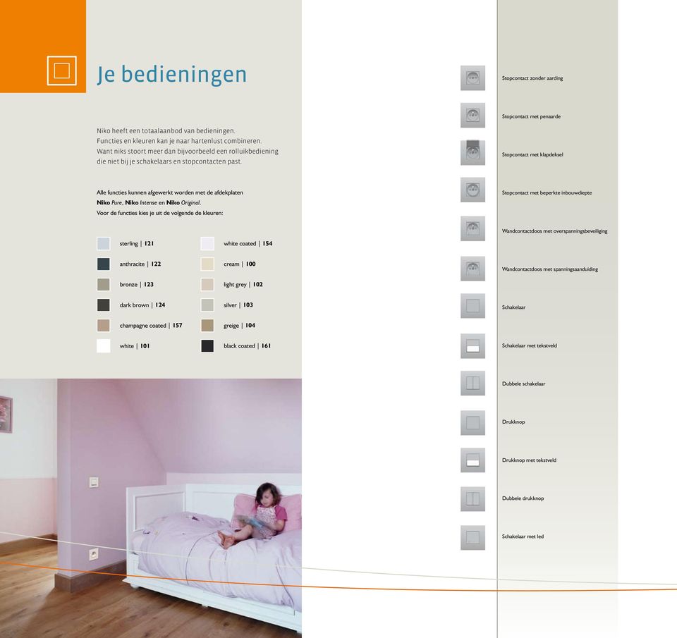 Stopcontact met klapdeksel Alle functies kunnen afgewerkt worden met de afdekplaten Niko Pure, Niko Intense en Niko Original.