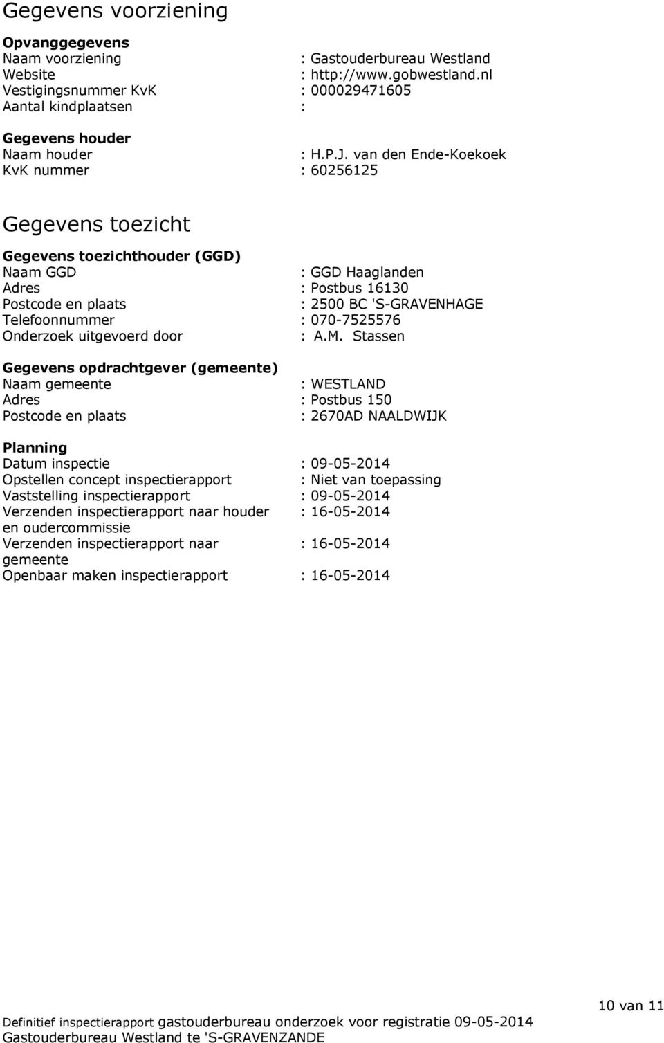 van den Ende-Koekoek KvK nummer : 60256125 Gegevens toezicht Gegevens toezichthouder (GGD) Naam GGD : GGD Haaglanden Adres : Postbus 16130 Postcode en plaats : 2500 BC 'S-GRAVENHAGE Telefoonnummer :