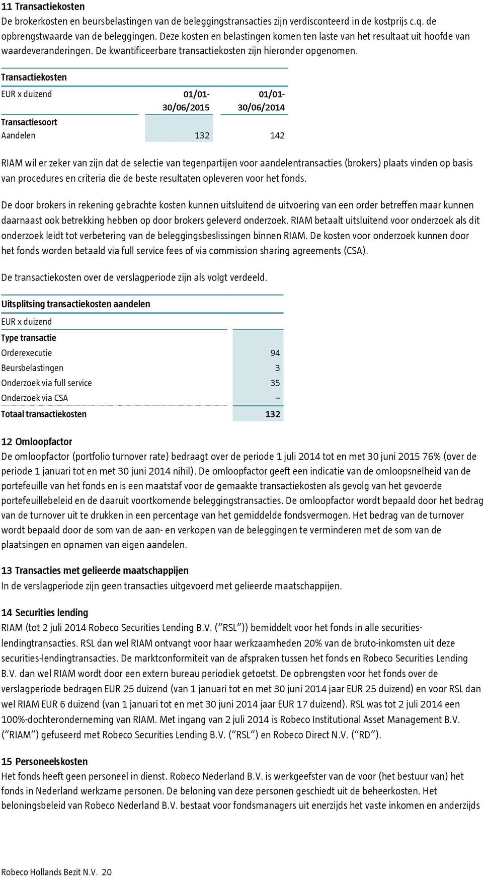 Transactiekosten EUR x duizend 01/01-01/01-30/06/2015 30/06/2014 Transactiesoort Aandelen 132 142 RIAM wil er zeker van zijn dat de selectie van tegenpartijen voor aandelentransacties (brokers)