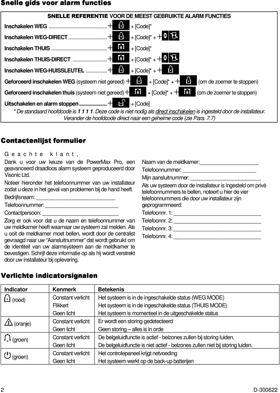 ..+ + [Code]* + + Geforceerd inschakelen WEG (systeem niet gereed) + + [Code]* + + (om de zoemer te stoppen) Geforceerd inschakelen thuis (systeem niet gereed) + + [Code]* + + (om de zoemer te