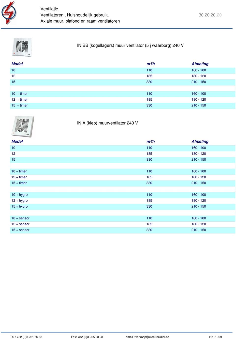 timer 185 180-120 15 + timer 330 210-150 IN A (klep) muurventilator 240 V 10 110 160-100 12 185 180-120 15 330 210-150 10 + timer 110