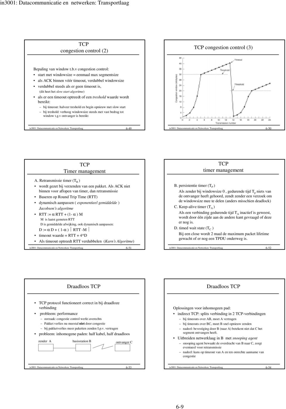 er een timeout optreedt of een treshold waarde wordt bereikt: bij timeout: halveer treshold en begin opnieuw met slow start bij treshold: verhoog windowsize steeds met vast bedrag tot window t.g.v ontvanger is bereikt 6-49 6-50 Timer management timer management A.