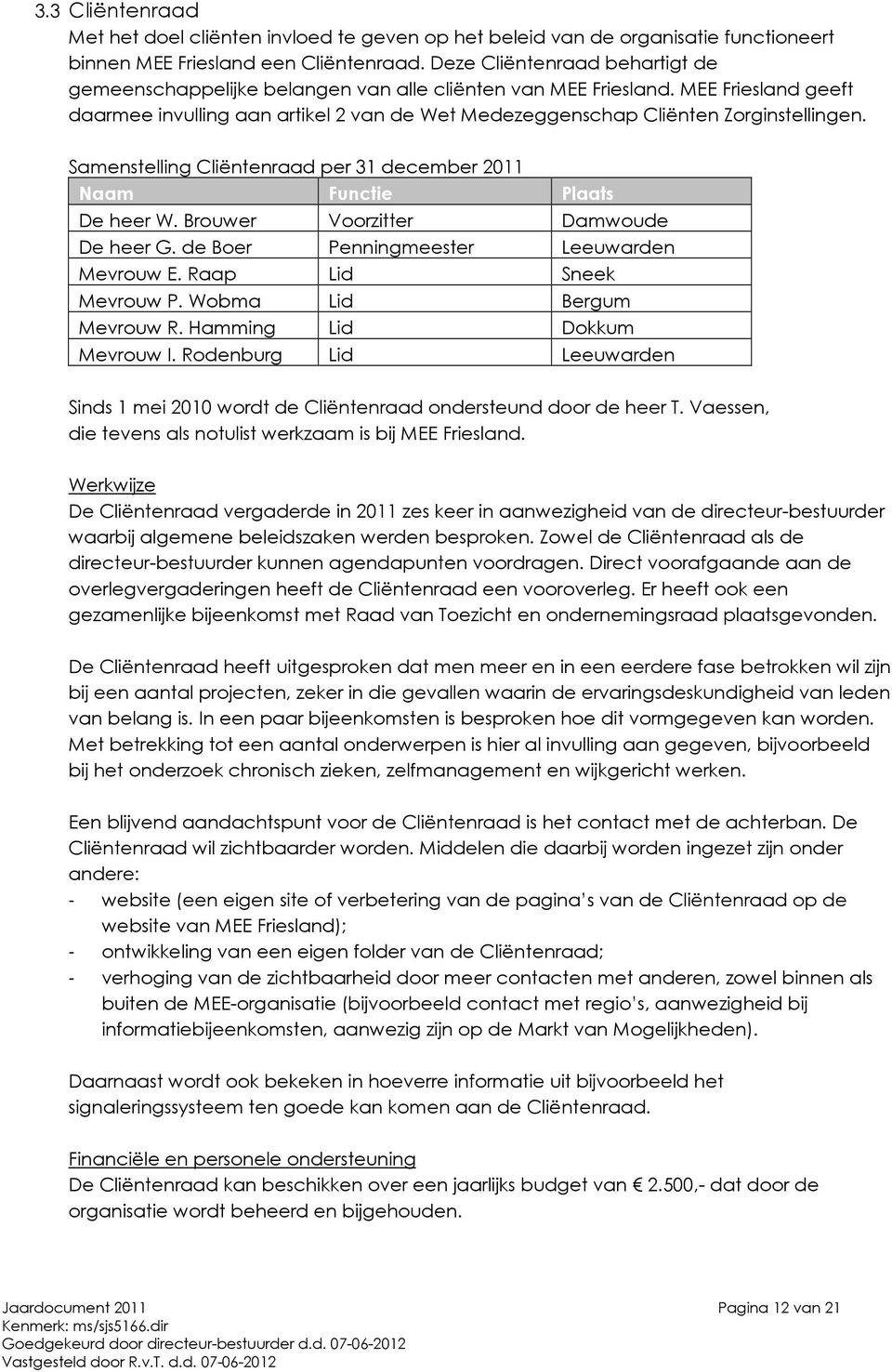 MEE Friesland geeft daarmee invulling aan artikel 2 van de Wet Medezeggenschap Cliënten Zorginstellingen. Samenstelling Cliëntenraad per 31 december 2011 Naam Functie Plaats De heer W.