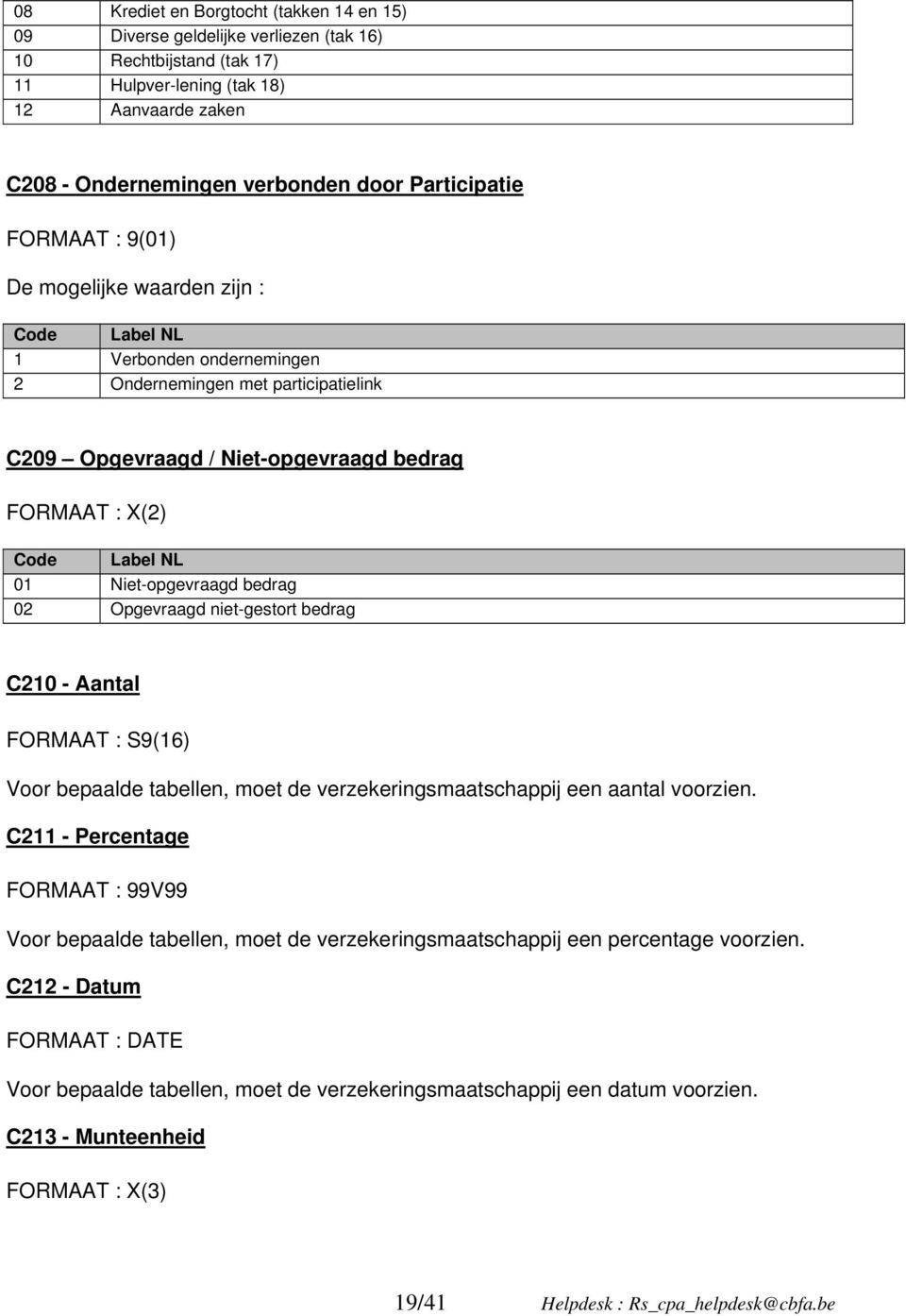 bedrag 02 Opgevraagd niet-gestort bedrag C210 - Aantal FORMAAT : S9(16) Voor bepaalde tabellen, moet de verzekeringsmaatschappij een aantal voorzien.