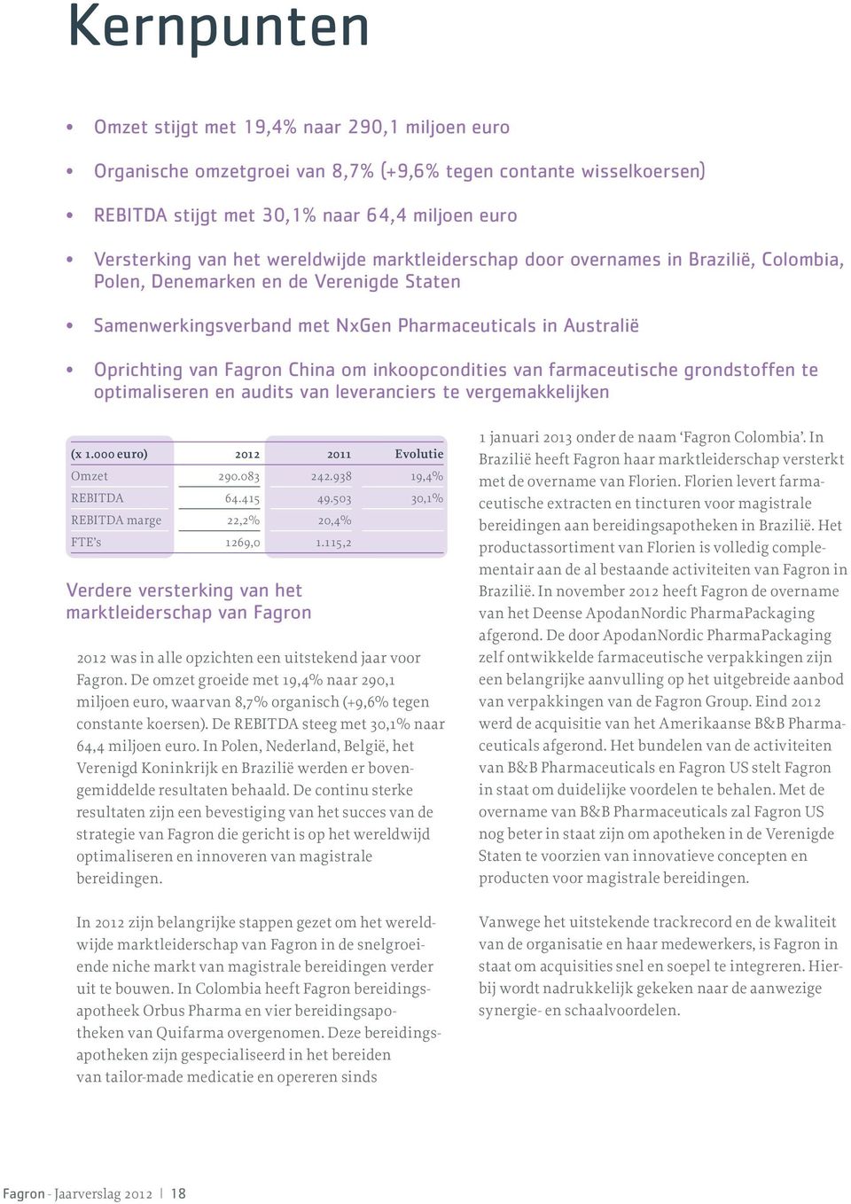 inkoopcondities van farmaceutische grondstoffen te optimaliseren en audits van leveranciers te vergemakkelijken (x 1.000 euro) 2012 2011 Evolutie Omzet 290.083 242.938 19,4% REBITDA 64.415 49.