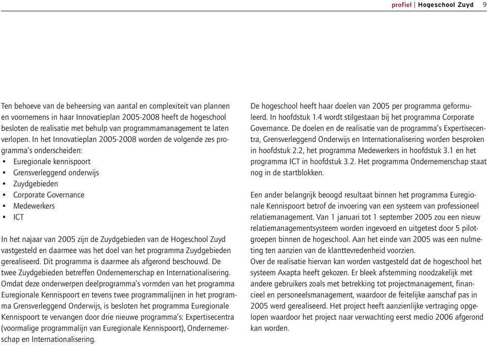 In het Innovatieplan 2005-2008 worden de volgende zes programma s onderscheiden: Euregionale kennispoort Grensverleggend onderwijs Zuydgebieden Corporate Governance Medewerkers ICT In het najaar van