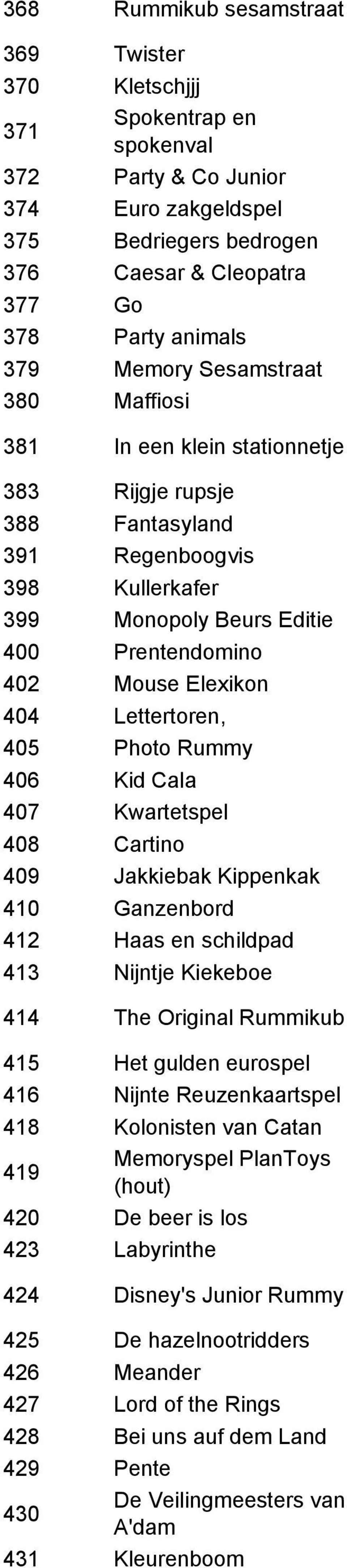 Lettertoren, 405 Photo Rummy 406 Kid Cala 407 Kwartetspel 408 Cartino 409 Jakkiebak Kippenkak 410 Ganzenbord 412 Haas en schildpad 413 Nijntje Kiekeboe 414 The Original Rummikub 415 Het gulden