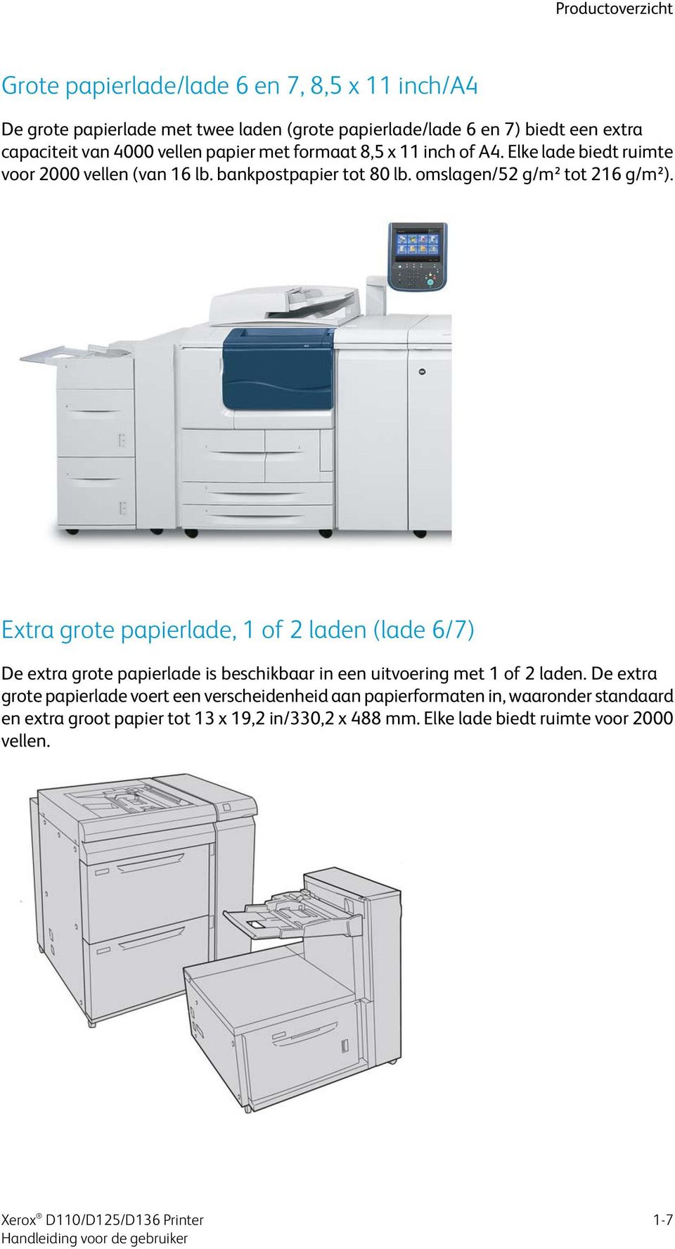 Extra grote papierlade, 1 of 2 laden (lade 6/7) De extra grote papierlade is beschikbaar in een uitvoering met 1 of 2 laden.
