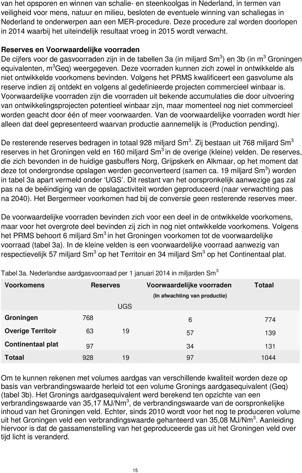 Reserves en Voorwaardelijke voorraden De cijfers voor de gasvoorraden zijn in de tabellen 3a (in miljard Sm 3 ) en 3b (in m 3 Groningen equivalenten, m 3 Geq) weergegeven.