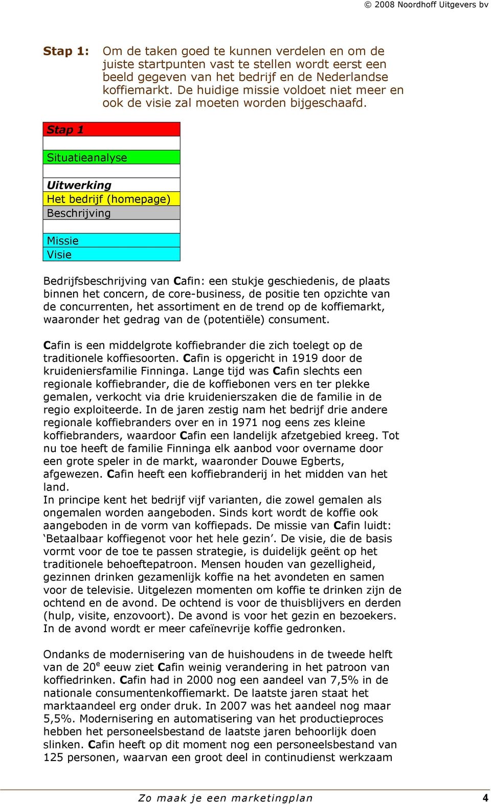 Stap 1 Situatieanalyse Uitwerking Het bedrijf (homepage) Beschrijving Missie Visie Bedrijfsbeschrijving van Cafin: een stukje geschiedenis, de plaats binnen het concern, de core-business, de positie