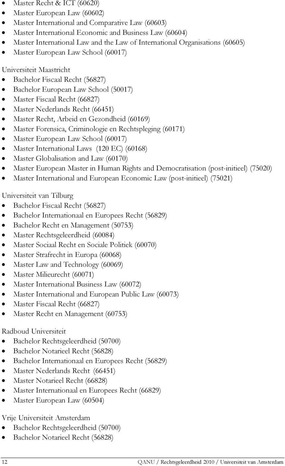 Nederlands Recht (66451) Master Recht, Arbeid en Gezondheid (60169) Master Forensica, Criminologie en Rechtspleging (60171) Master European Law School (60017) Master International Laws (120 EC)