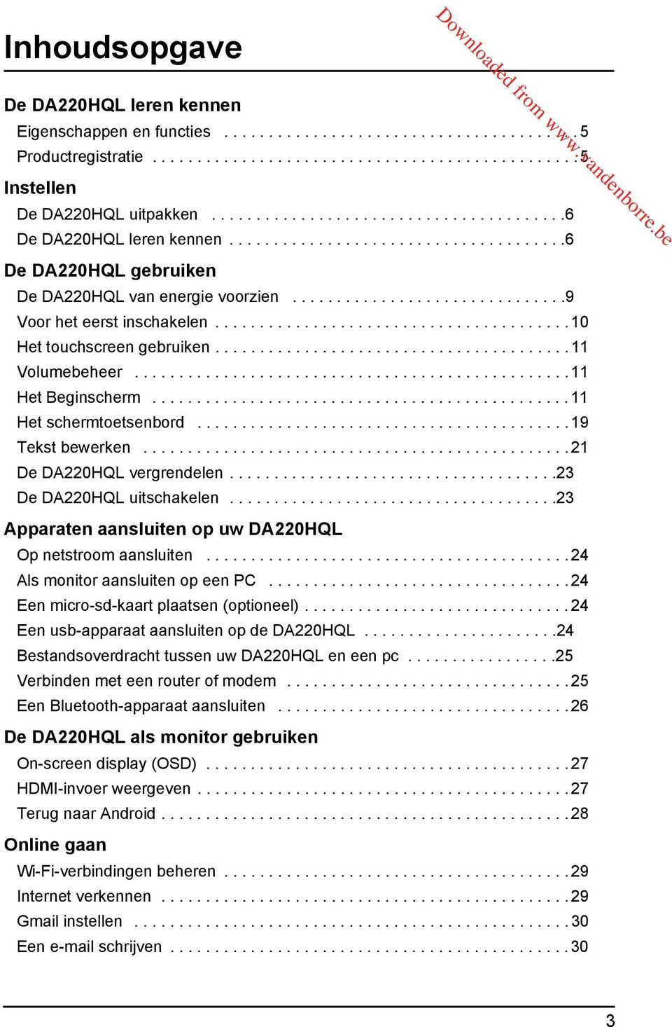 ....................................... 10 Het touchscreen gebruiken........................................ 11 Volumebeheer................................................. 11 Het Beginscherm.