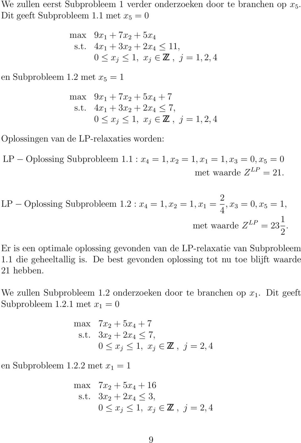 LP Oplossing Subprobleem 1.2 : x 4 = 1, x 2 = 1, x 1 = 2 4, x 3 = 0, x 5 = 1, met waarde Z LP = 23 1 2. Er is een optimale oplossing gevonden van de LP-relaxatie van Subprobleem 1.