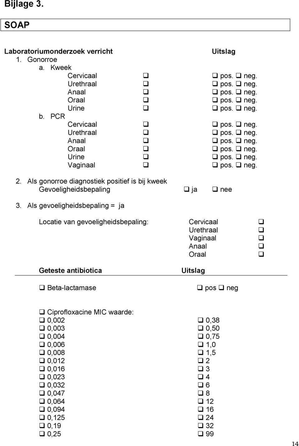 Als gonorroe diagnostiek positief is bij kweek Gevoeligheidsbepaling ja nee 3.