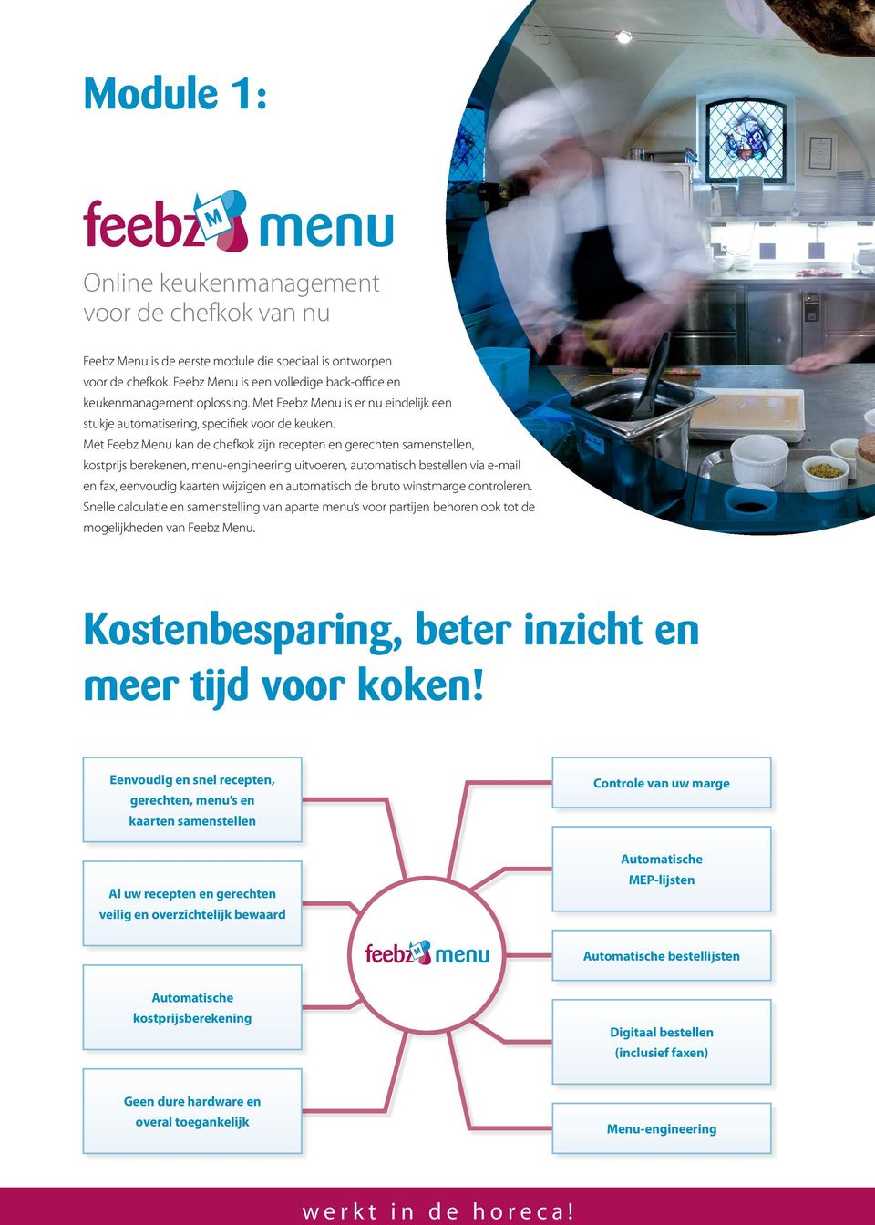 Met Feebz Menu kan de chefkok zijn recepten en gerechten samenstellen, kostprijs berekenen, menu-engineering uitvoeren, automatisch bestellen via e-mail en fax, eenvoudig kaarten wijzigen en