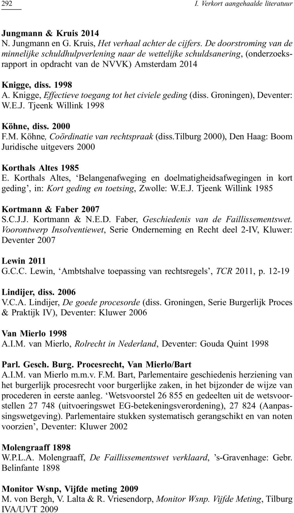 Knigge, Effectieve toegang tot het civiele geding (diss. Groningen), Deventer: W.E.J. Tjeenk Willink 1998 Köhne, diss. 2000 F.M. Köhne, Coördinatie van rechtspraak (diss.