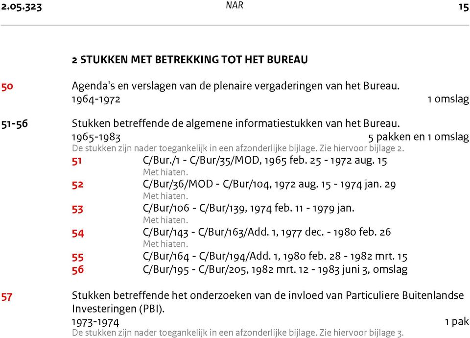 Zie hiervoor bijlage 2. 51 C/Bur./1 - C/Bur/35/MOD, 1965 feb. 25-1972 aug. 15 Met hiaten. 52 C/Bur/36/MOD - C/Bur/104, 1972 aug. 15-1974 jan. 29 Met hiaten. 53 C/Bur/106 - C/Bur/139, 1974 feb.