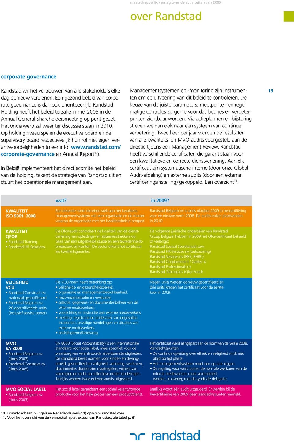 Op holdingniveau spelen de executive board en de supervisory board respectievelijk hun rol met eigen verantwoordelijkheden (meer info: www.randstad.com/ corporate-governance en Annual Report 10 ).