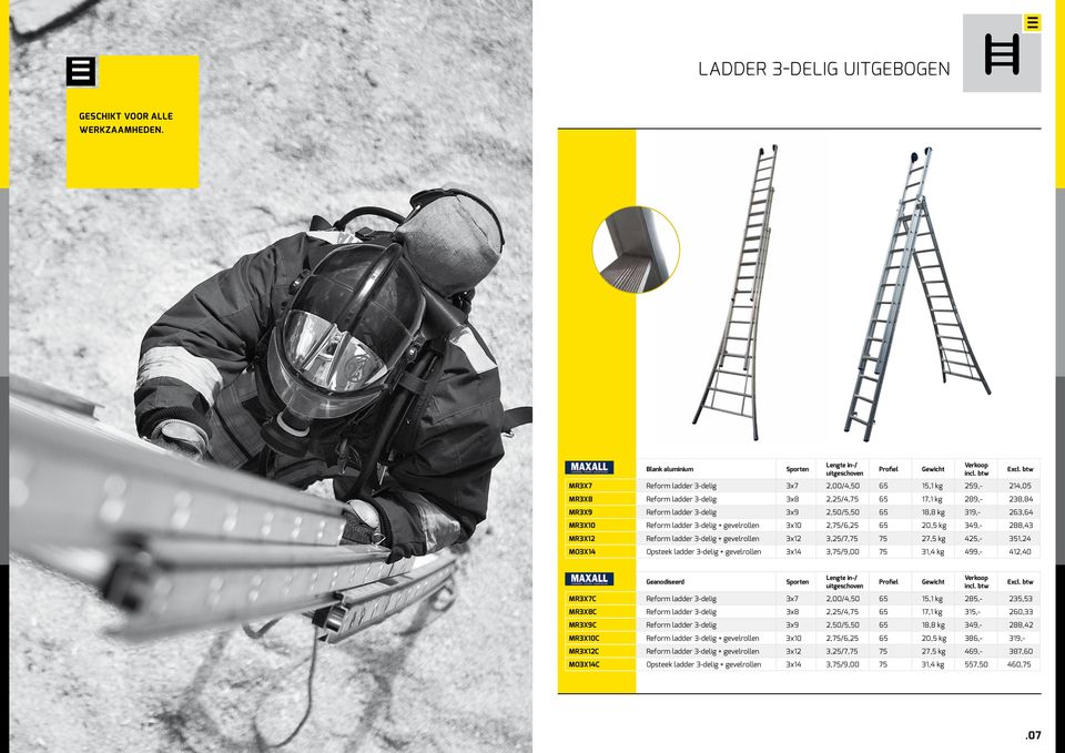 kg 319,- 263,64 MR3X10 Reform ladder 3-delig + gevelrollen 3x10 2,75/6,25 65 20,5 kg 349,- 288,43 MR3X12 Reform ladder 3-delig + gevelrollen 3x12 3,25/7,75 75 27,5 kg 425,- 351,24 MO3X14 Opsteek