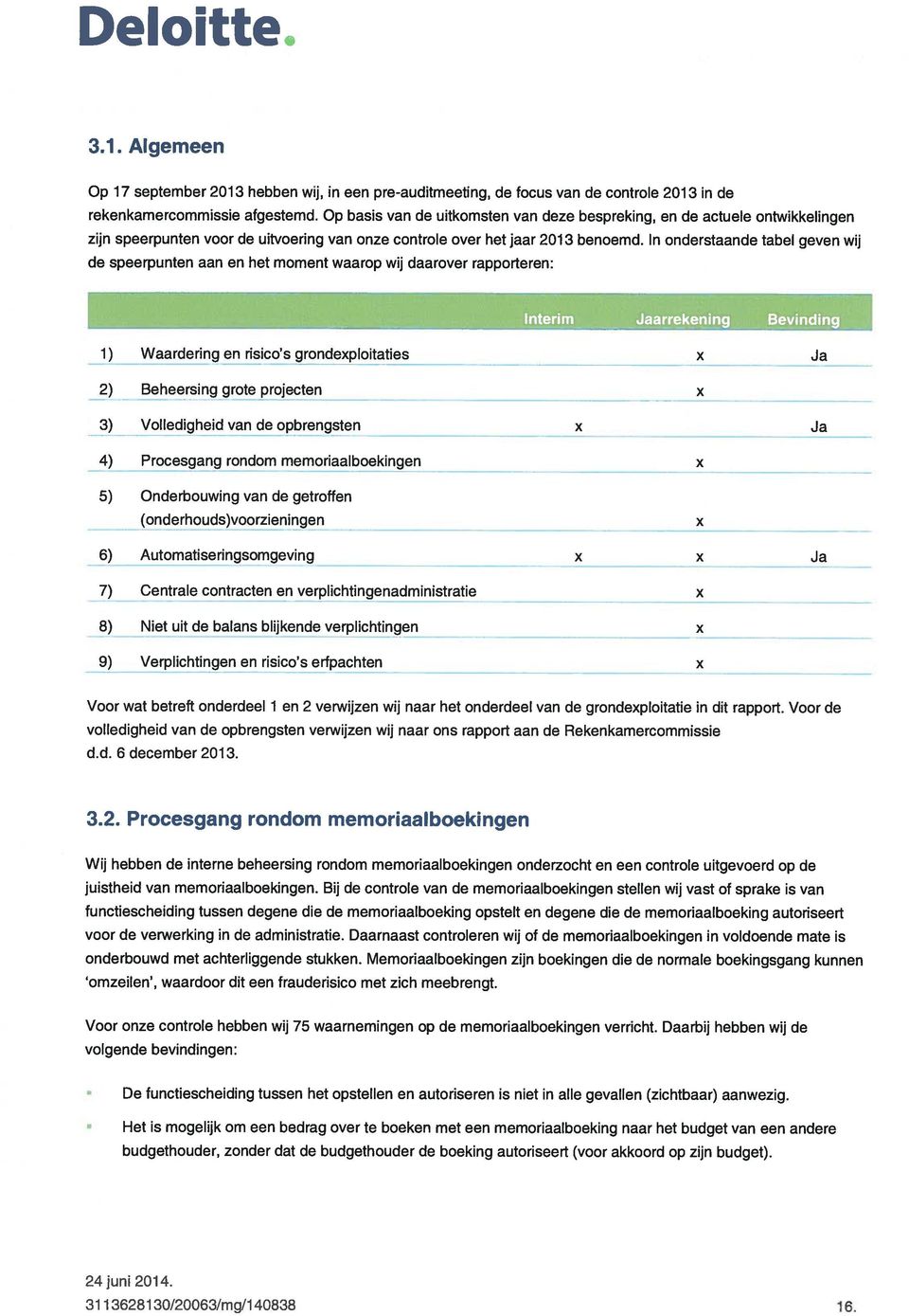 In onderstaande tabel geven wij de speerpunten aan en het moment waarop wij daarover rapporteren: Jaarrekening Bevinding 1) Waardering en risico s grondexploitaties x Ja 2) Beheersing grote projecten