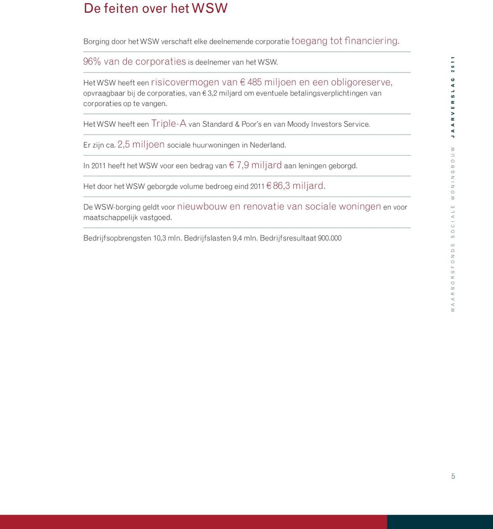 Het WSW heeft een Triple-A van Standard & Poor s en van Moody Investors Service. Er zijn ca. 2,5 miljoen sociale huurwoningen in Nederland.