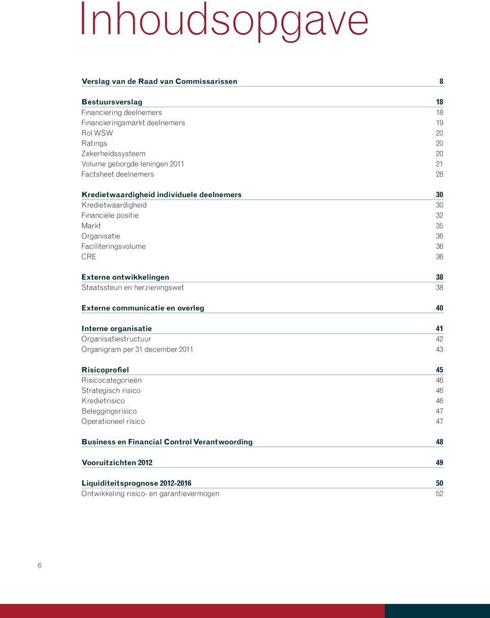 ontwikkelingen 38 Staatssteun en herzieningswet 38 Externe communicatie en overleg 40 Interne organisatie 41 Organisatiestructuur 42 Organigram per 31 december 2011 43 Risicoprofiel 45