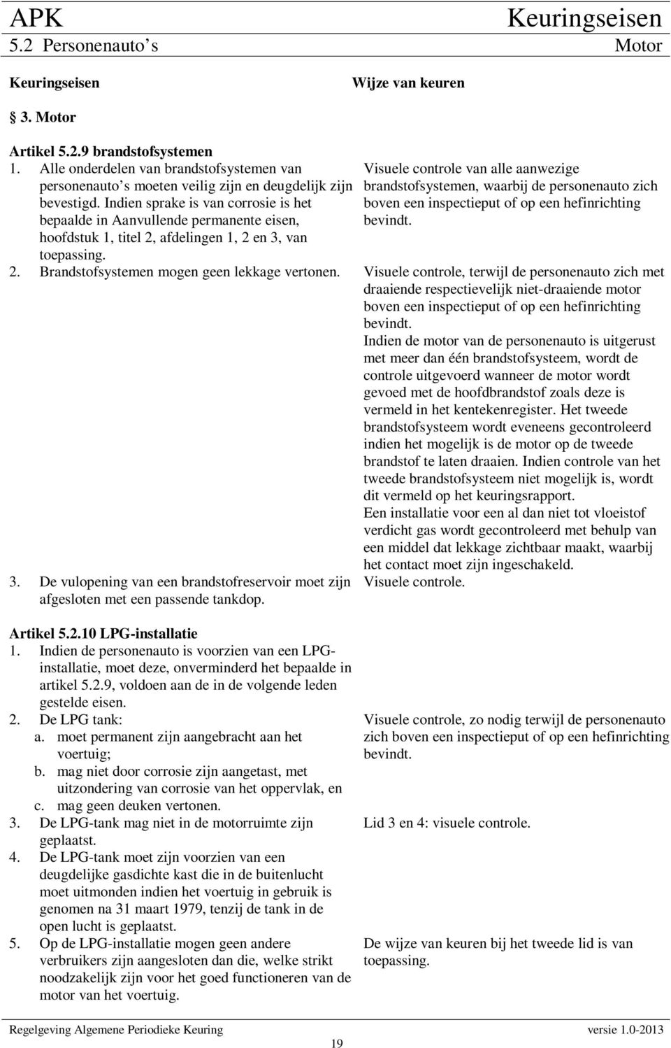 Visuele controle van alle aanwezige brandstofsystemen, waarbij de personenauto zich boven een inspectieput of op een hefinrichting bevindt. 2. Brandstofsystemen mogen geen lekkage vertonen.