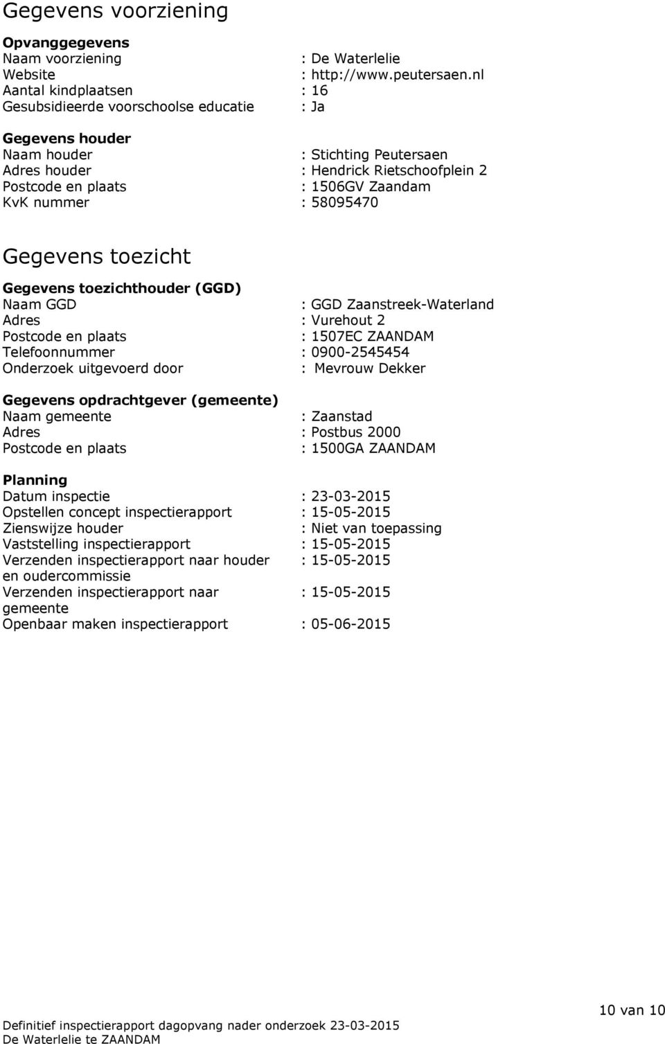 KvK nummer : 58095470 Gegevens toezicht Gegevens toezichthouder (GGD) Naam GGD : GGD Zaanstreek-Waterland Adres : Vurehout 2 Postcode en plaats : 1507EC ZAANDAM Telefoonnummer : 0900-2545454