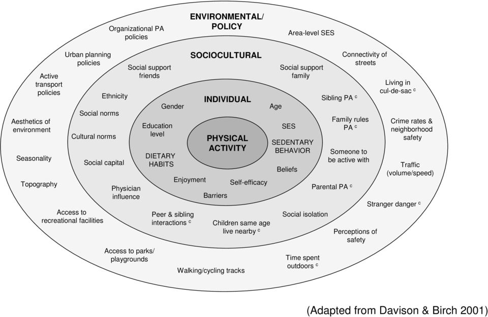 HABITS Enjoyment Peer & sibling interactions c SOCIOCULTURAL INDIVIDUAL PHYSICAL ACTIVITY Barriers Walking/cycling tracks Self-efficacy Children same age live nearby c Age Social support family SES