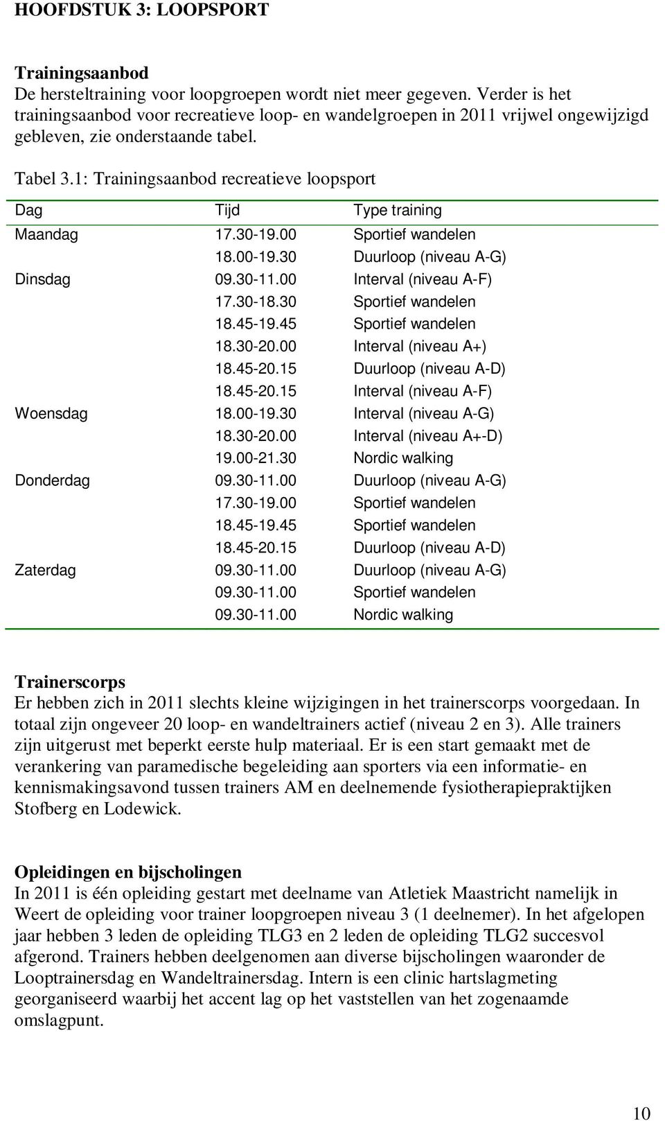 1: Trainingsaanbod recreatieve loopsport Dag Tijd Type training Maandag 17.30-19.00 Sportief wandelen 18.00-19.30 Duurloop (niveau A-G) Dinsdag 09.30-11.00 Interval (niveau A-F) 17.30-18.