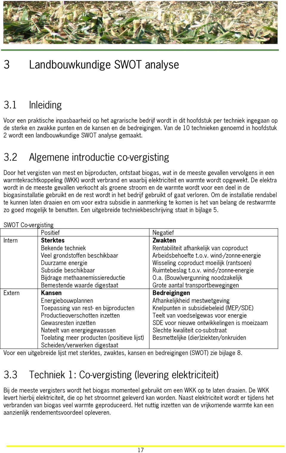 Van de 10 technieken genoemd in hoofdstuk 2 wordt een landbouwkundige SWOT analyse gemaakt. 3.