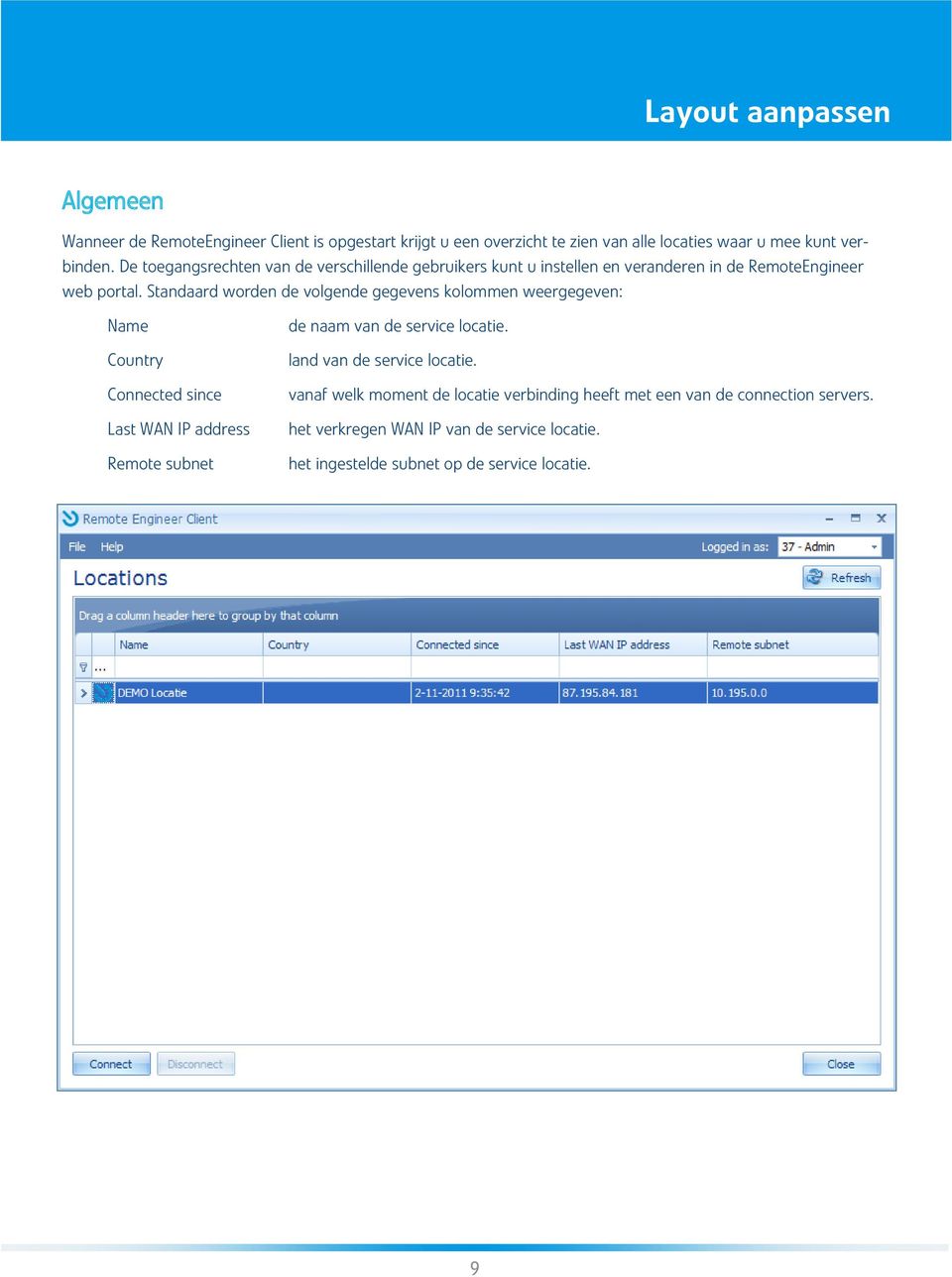 Standaard worden de volgende gegevens kolommen weergegeven: Name Country Connected since Last WAN IP address Remote subnet de naam van de service locatie.