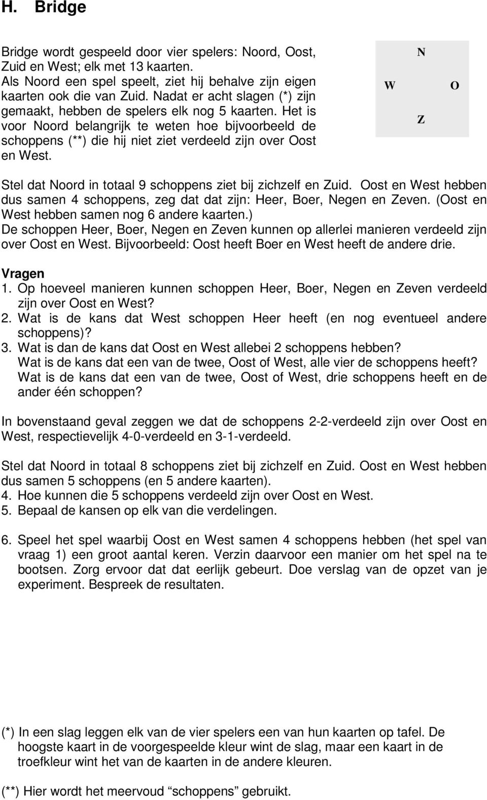 W N Z O Stel dat Noord in totaal 9 schoppens ziet bij zichzelf en Zuid. Oost en West hebben dus samen 4 schoppens, zeg dat dat zijn: Heer, Boer, Negen en Zeven.