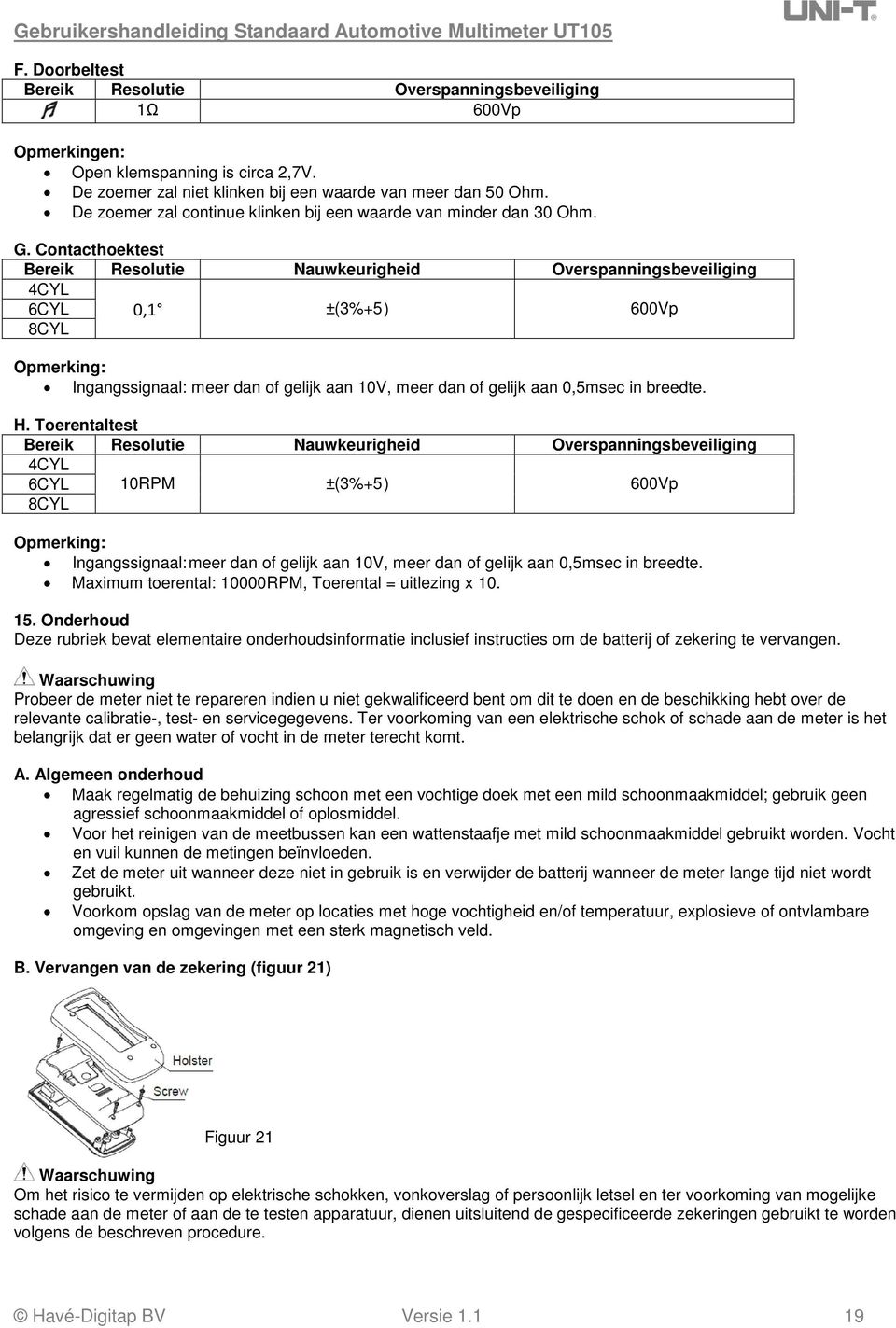 Contacthoektest Bereik Resolutie Nauwkeurigheid Overspanningsbeveiliging 4CYL 6CYL 8CYL 0,1 ±(3%+5 ) 600Vp Opmerking: Ingangssignaal: meer dan of gelijk aan 10V, meer dan of gelijk aan 0,5msec in