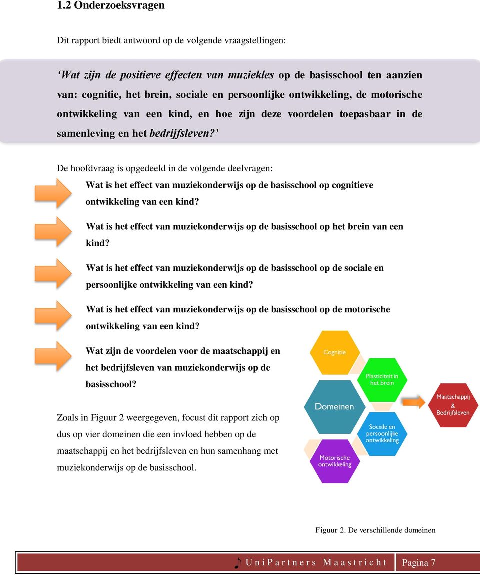 De hoofdvraag is opgedeeld in de volgende deelvragen: Wat is het effect van muziekonderwijs op de basisschool op cognitieve ontwikkeling van een kind?