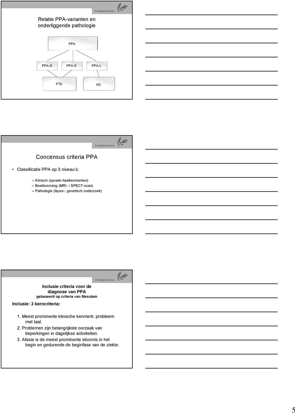 gebaseerd op criteria van Mesulam Inclusie: 3 kerncriteria: 1. Meest prominente klinische kenmerk: probleem met taal. 2.