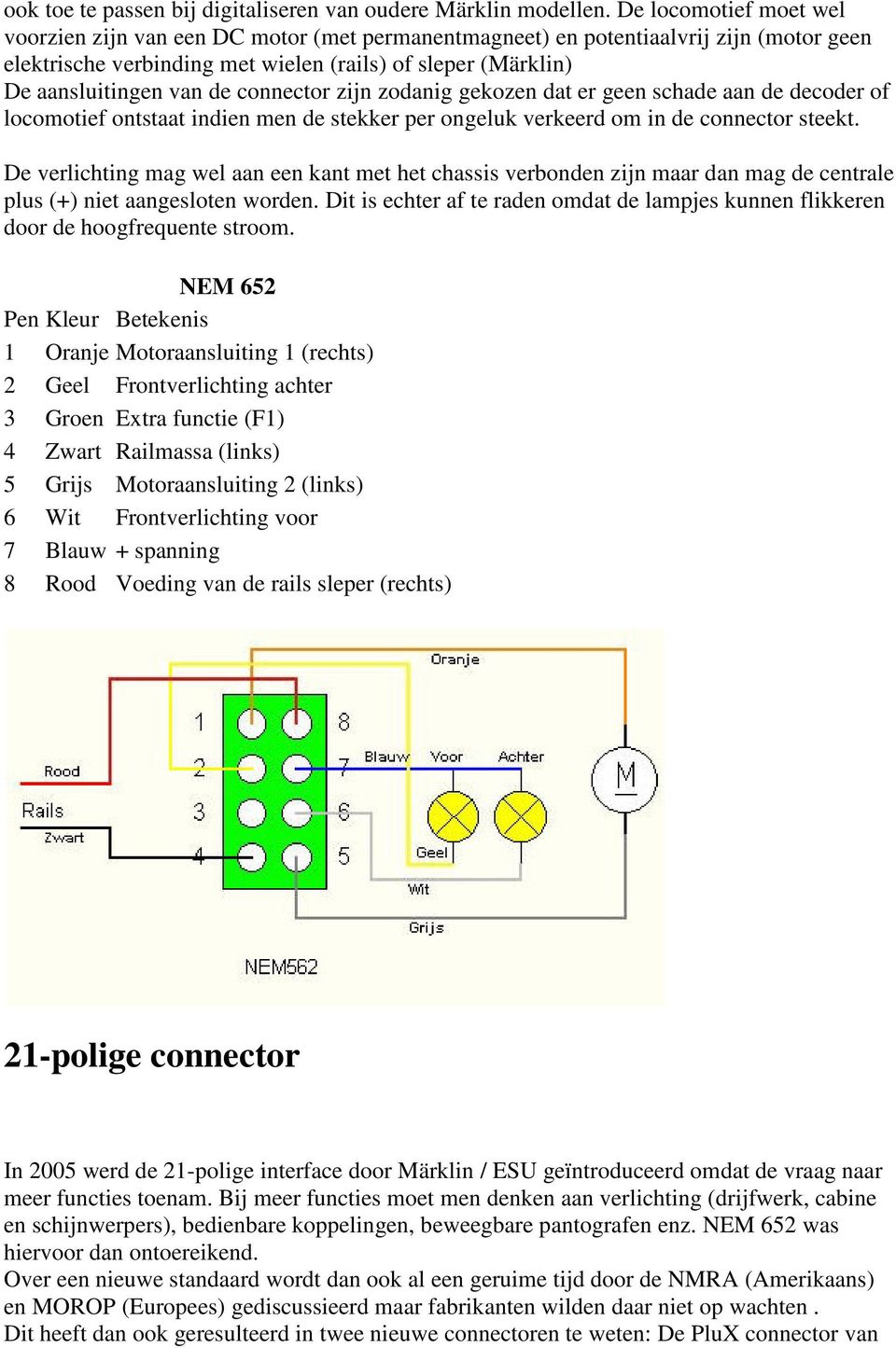connector zijn zodanig gekozen dat er geen schade aan de decoder of locomotief ontstaat indien men de stekker per ongeluk verkeerd om in de connector steekt.