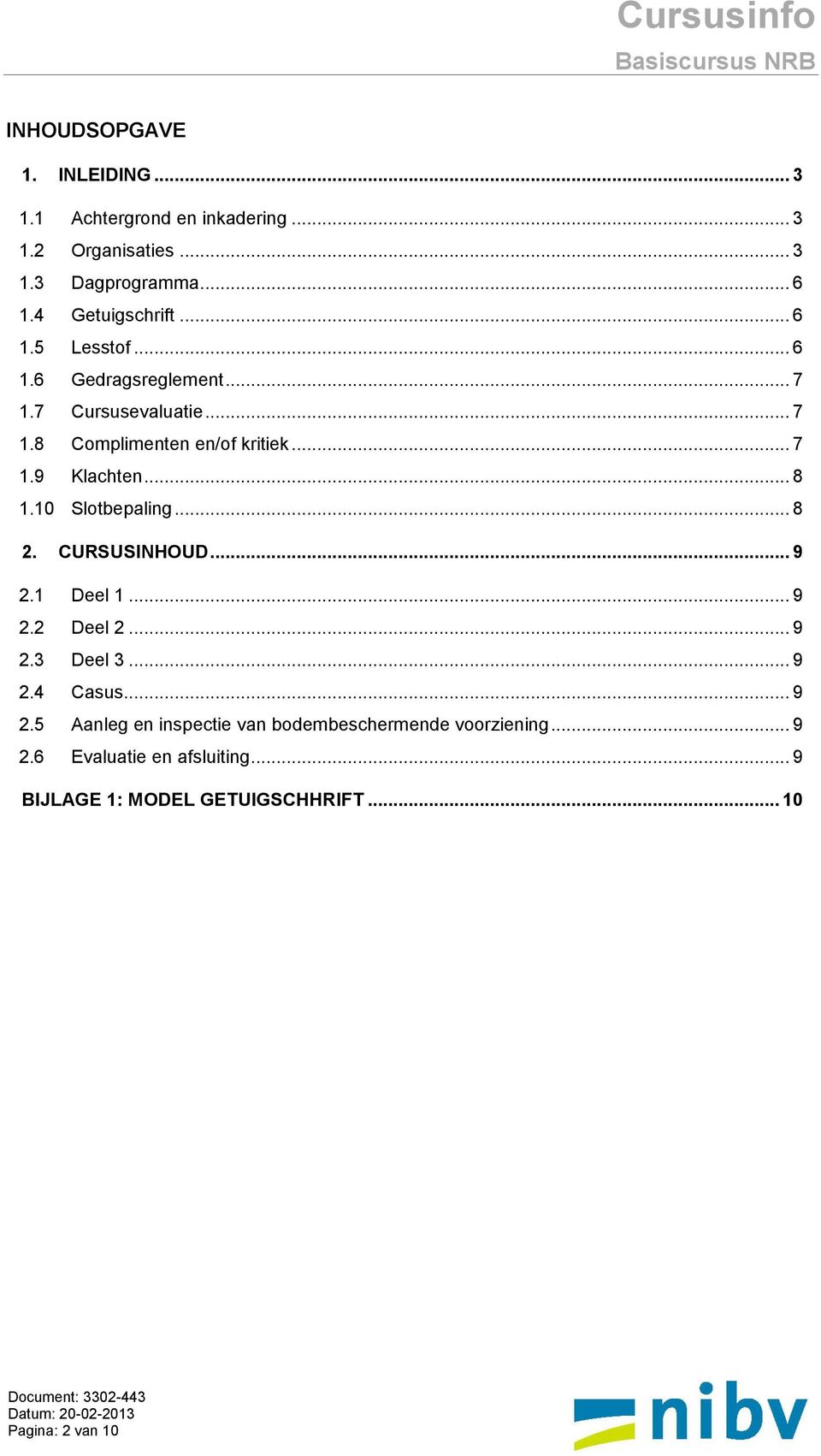 10 Slotbepaling... 8 2. CURSUSINHOUD... 9 2.1 Deel 1... 9 2.2 Deel 2... 9 2.3 Deel 3... 9 2.4 Casus... 9 2.5 Aanleg en inspectie van bodembeschermende voorziening.