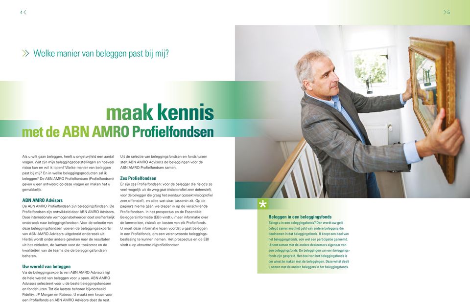 De ABN AMRO Profielfondsen (Profielfondsen) geven u een antwoord op deze vragen en maken het u gemakkelijk. ABN AMRO Advisors De ABN AMRO Profielfondsen zijn beleggingsfondsen.