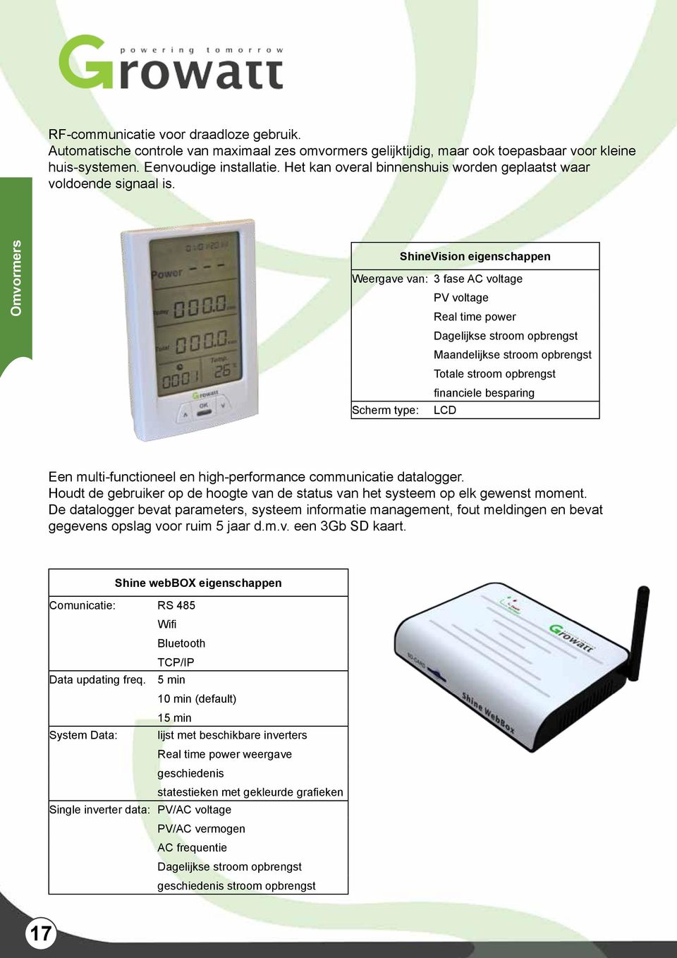 Omvormers ShineVision eigenschappen Weergave van: 3 fase AC voltage PV voltage Real time power Dagelijkse stroom opbrengst Maandelijkse stroom opbrengst Totale stroom opbrengst financiele besparing