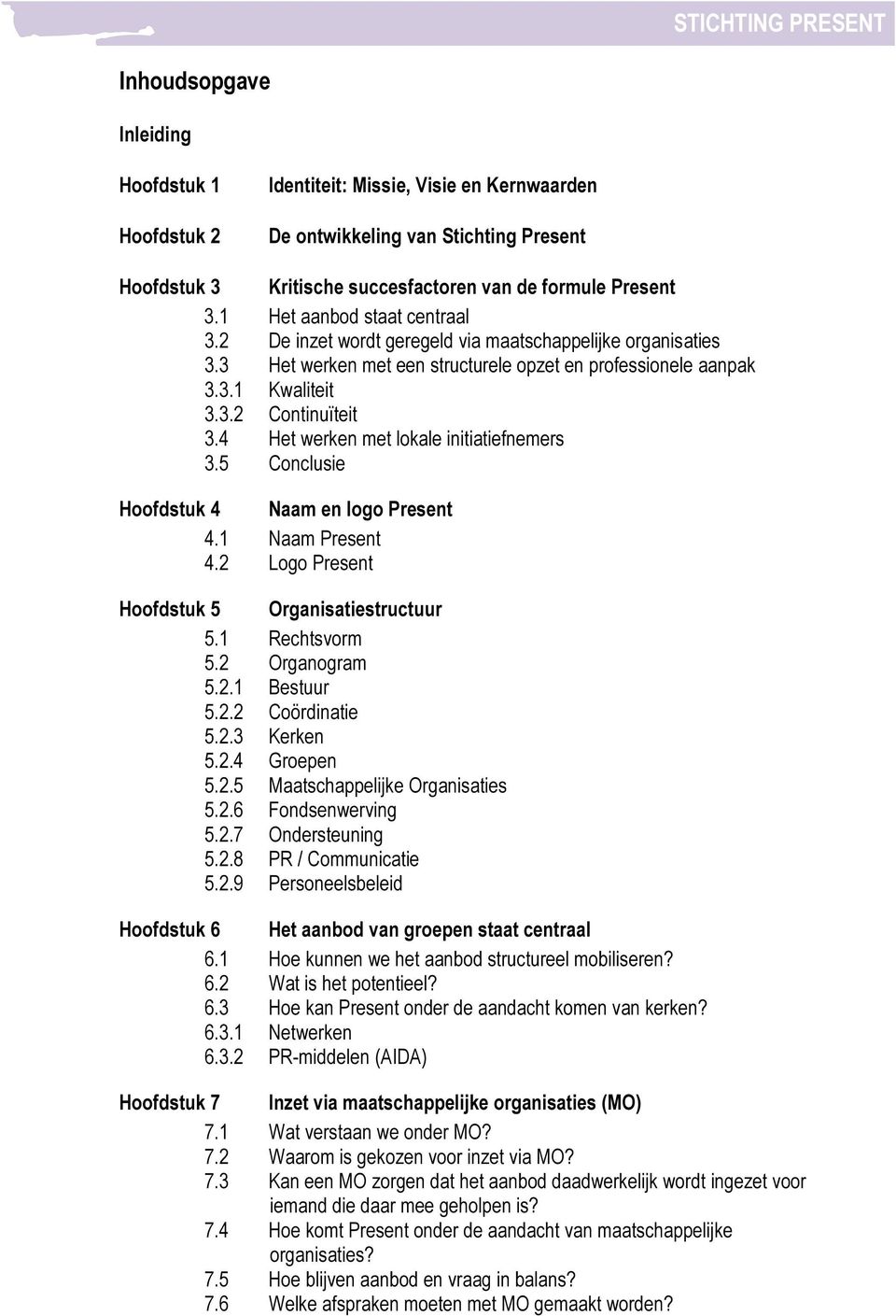 4 Het werken met lokale initiatiefnemers 3.5 Conclusie Hoofdstuk 4 Naam en logo Present 4.1 Naam Present 4.2 Logo Present Hoofdstuk 5 Organisatiestructuur 5.1 Rechtsvorm 5.2 Organogram 5.2.1 Bestuur 5.