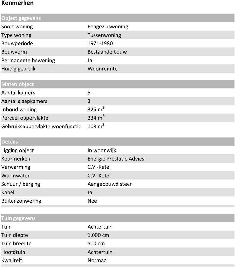 woonfunctie 108 m 2 Details Ligging object Keurmerken Verwarming Warmwater Schuur / berging Kabel Buitenzonwering In woonwijk Energie Prestatie Advies