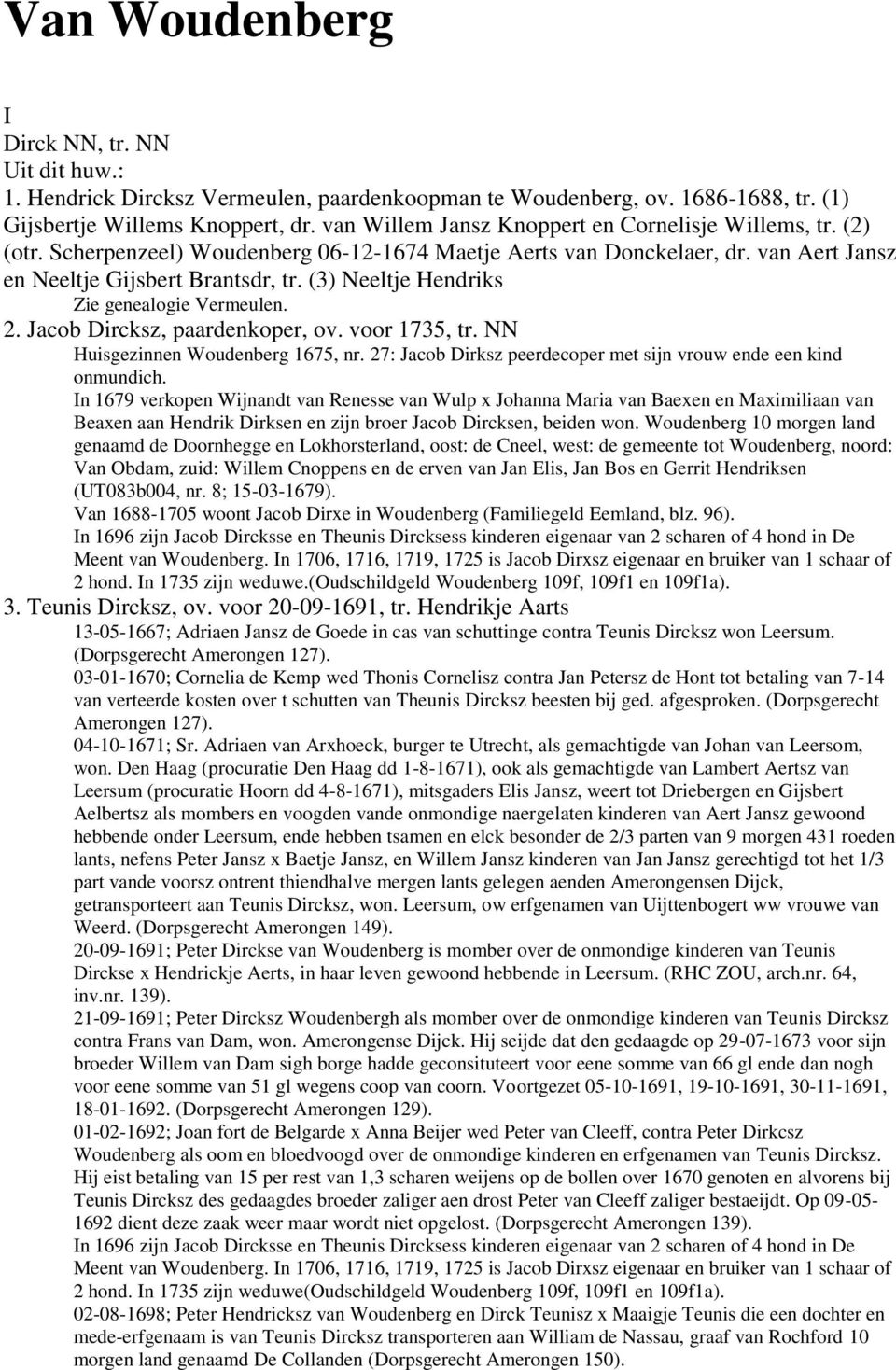 (3) Neeltje Hendriks Zie genealogie Vermeulen. 2. Jacob Dircksz, paardenkoper, ov. voor 1735, tr. NN Huisgezinnen Woudenberg 1675, nr.