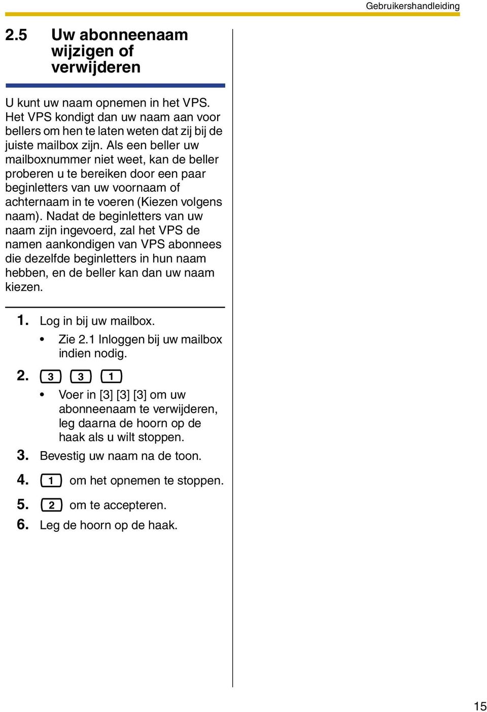 Nadat de beginletters van uw naam zijn ingevoerd, zal het VPS de namen aankondigen van VPS abonnees die dezelfde beginletters in hun naam hebben, en de beller kan dan uw naam kiezen. 1.