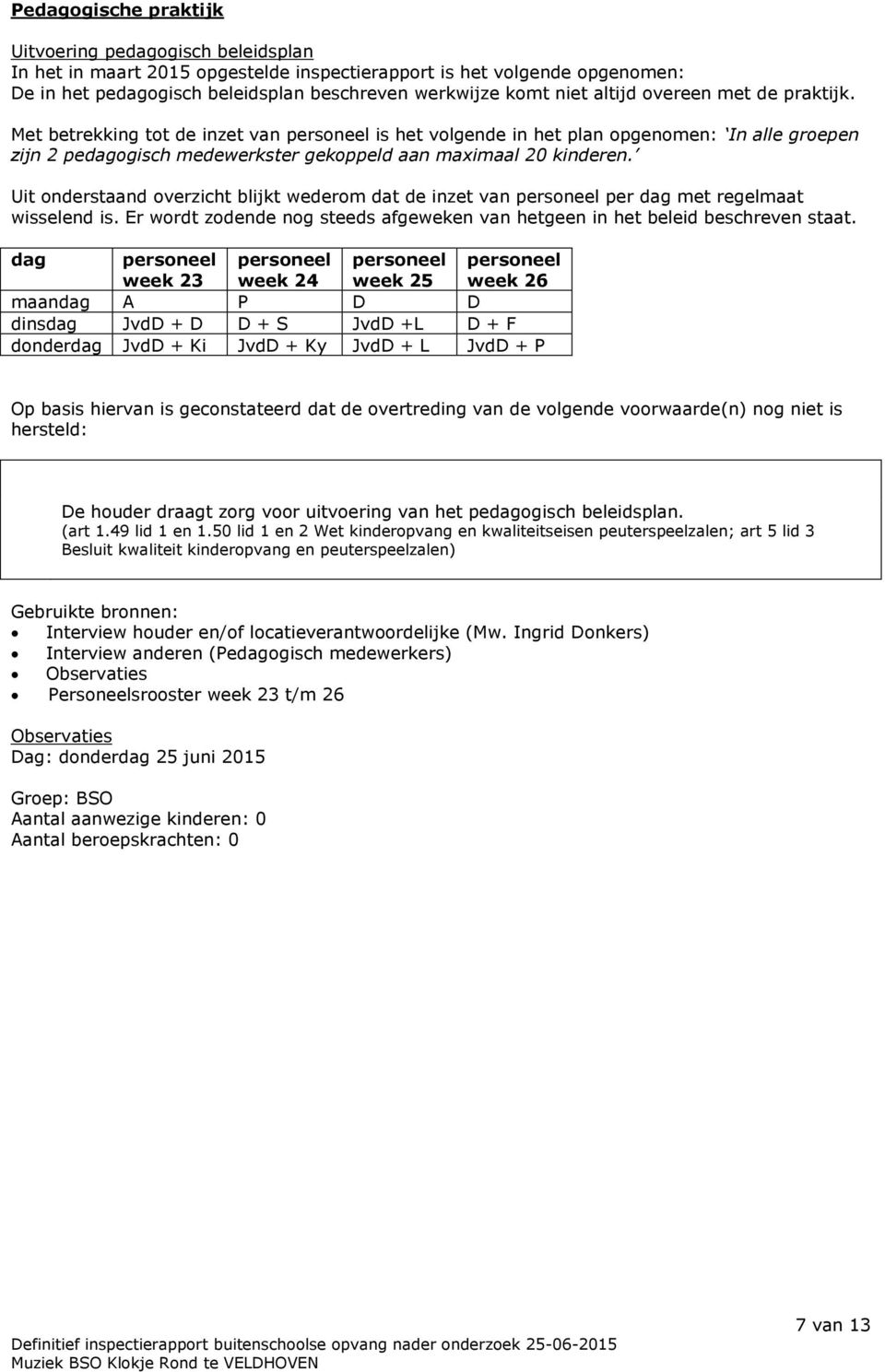 Uit onderstaand overzicht blijkt wederom dat de inzet van personeel per dag met regelmaat wisselend is. Er wordt zodende nog steeds afgeweken van hetgeen in het beleid beschreven staat.